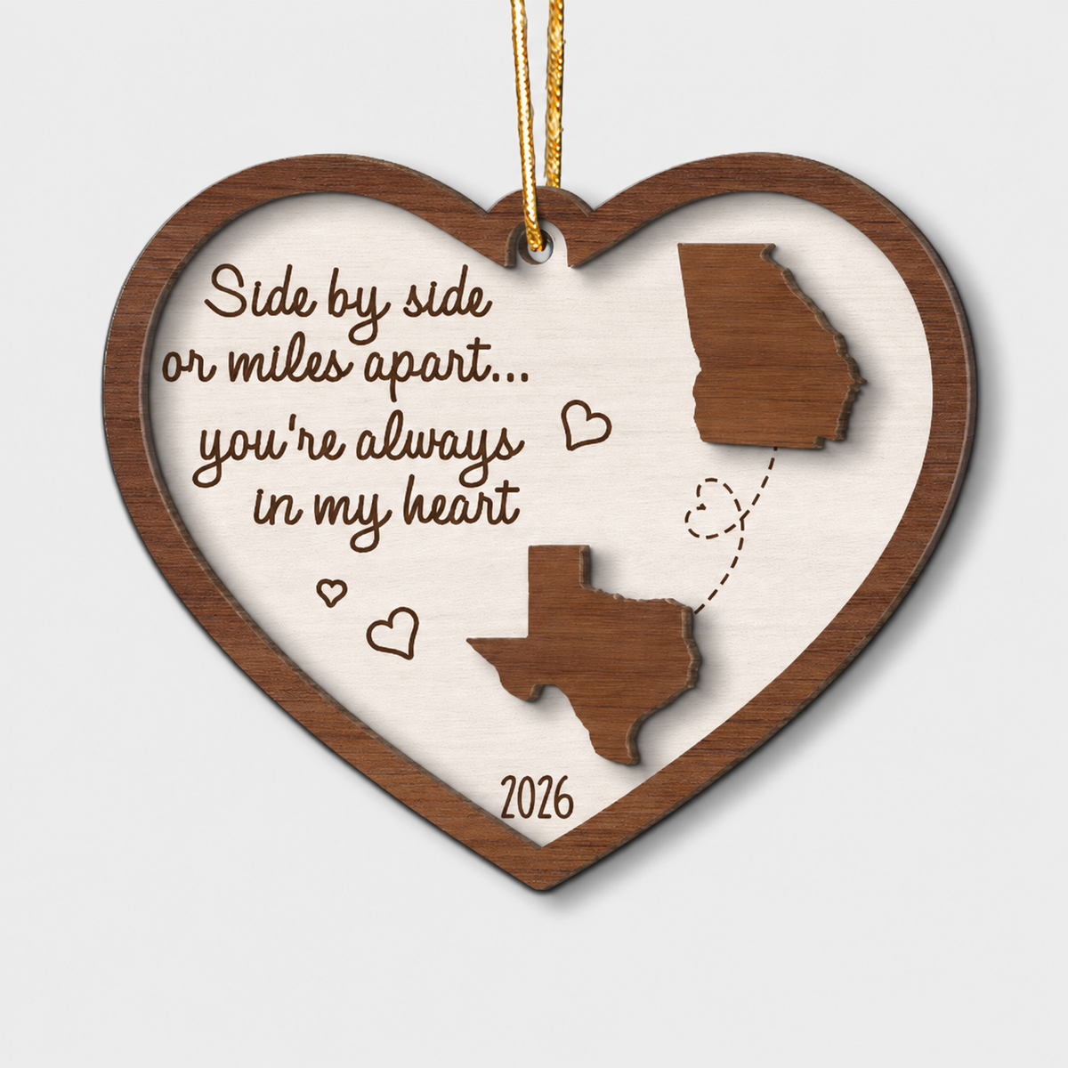 Miles Apart Long Distance Family Friendship State Map Personalized 2-Layer Wooden Ornament, Togetherness Keepsake