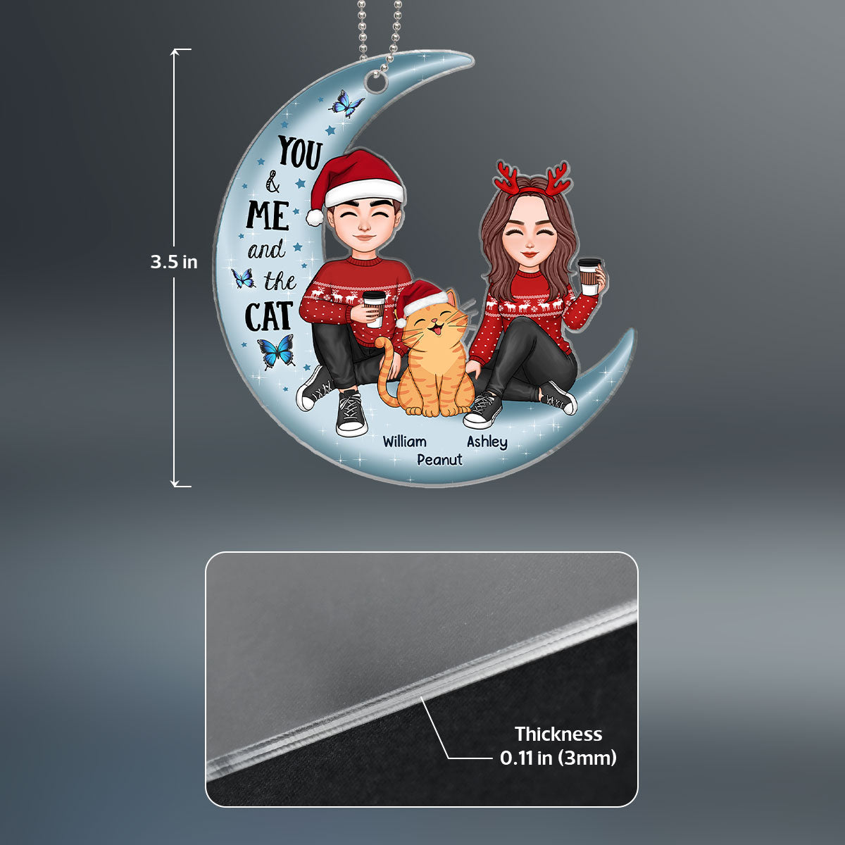 Couple And Smiling Cat On Moon Personalized Acrylic Ornament