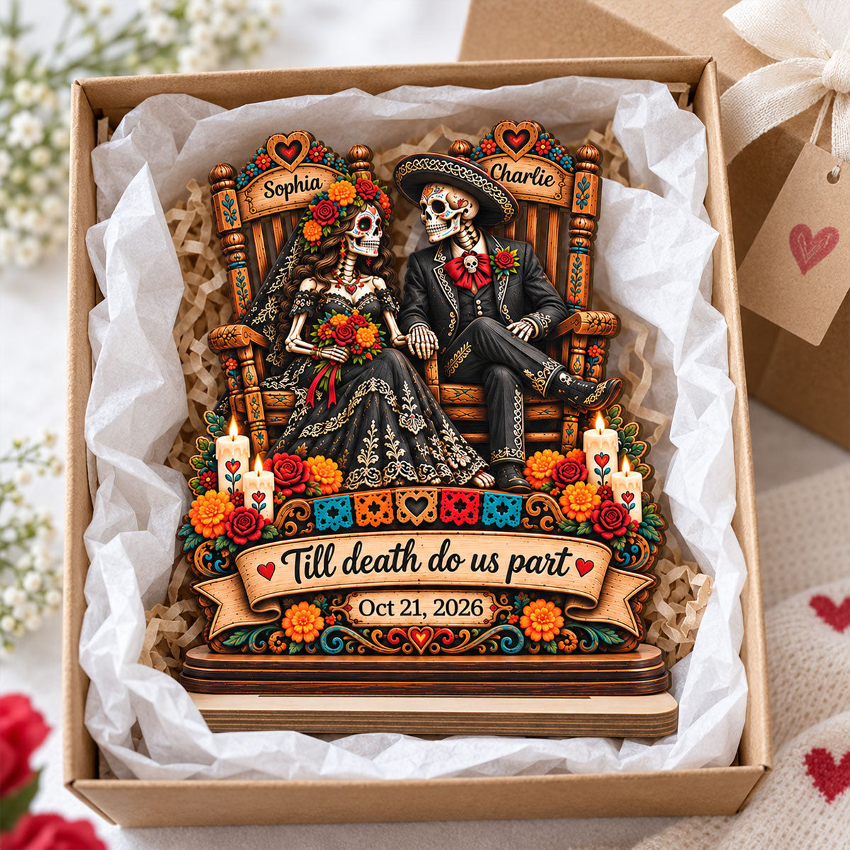 Till Death Do Us Part Skeleton 2D Flat - Personalized 2-Layered Wooden Plaque - Skull Decor Anniversary Wedding Gift for Couple, Gothic Home Decor, Dia de los Muertos, Day of the Dead Gift