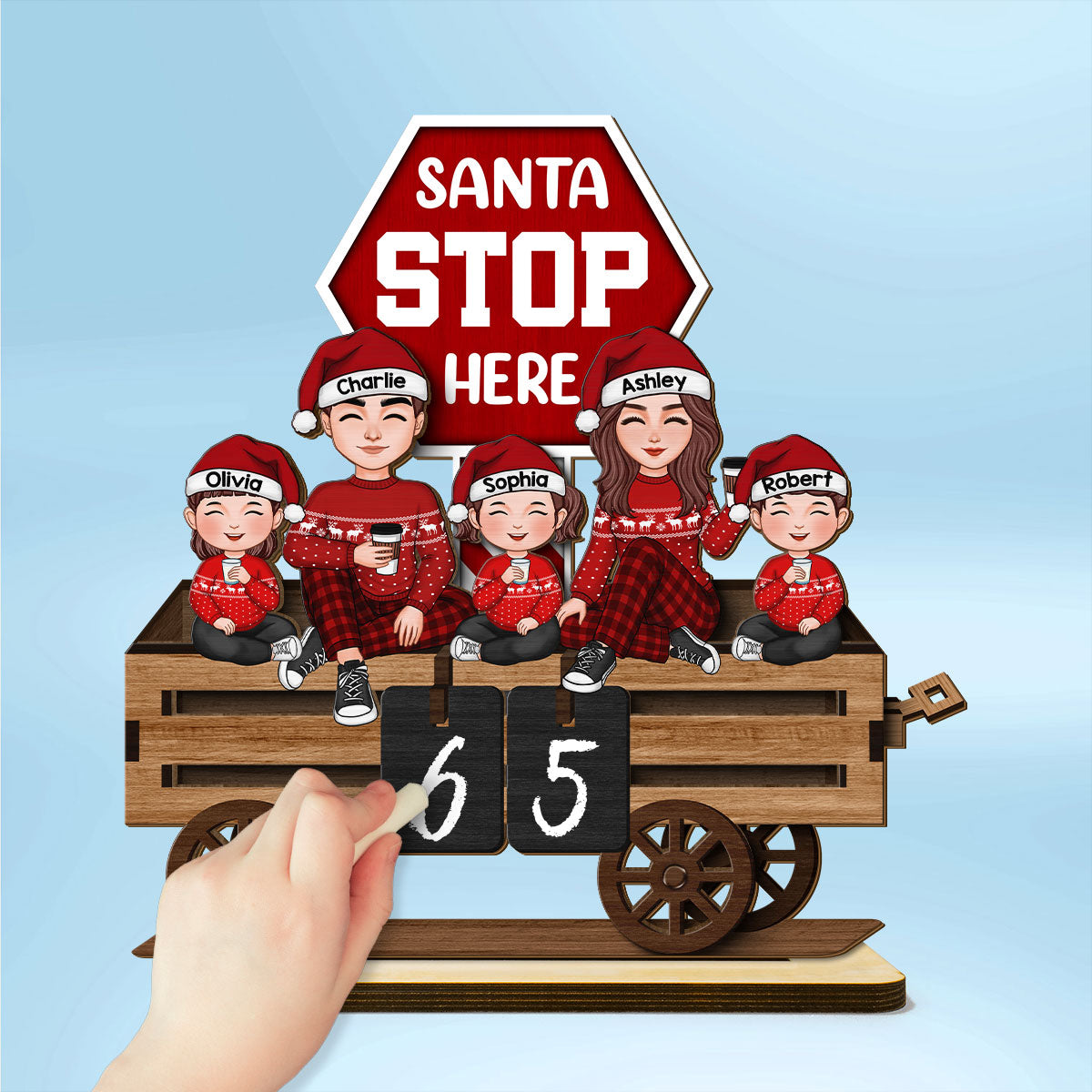 Christmas Wagon Santa Stop Here Family Sitting Personalized 2-Layer Standing Wooden Plaque