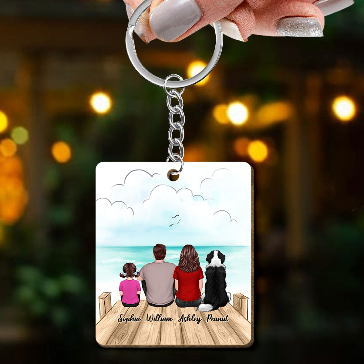 Family Dogs Cats Sitting On Bridge Personalized Wooden Keychain