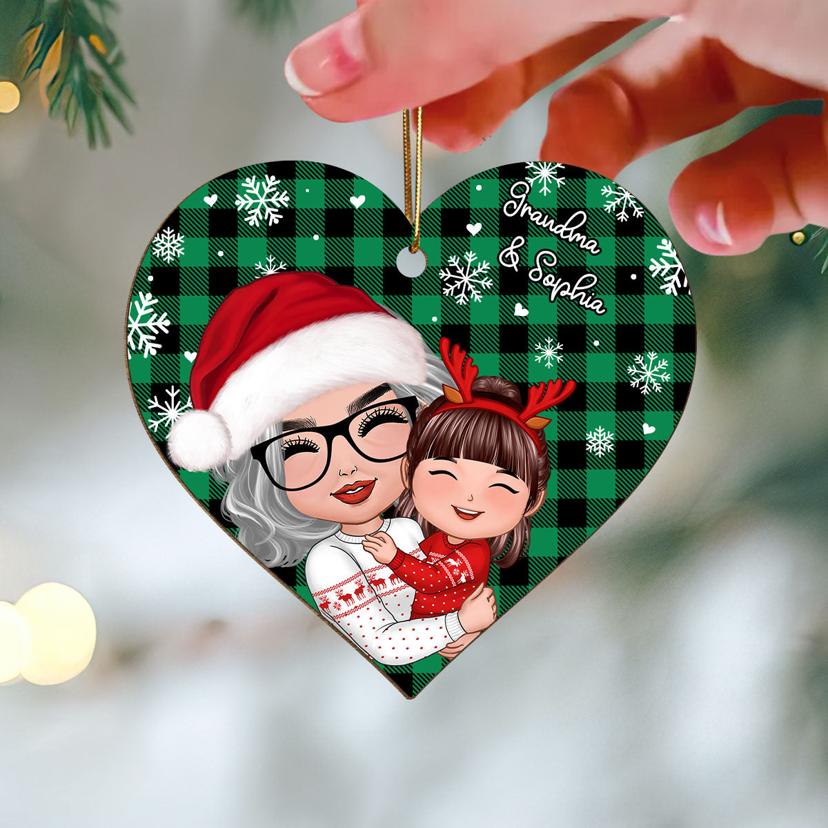 Checkered Snow Pattern Doll Grandma Hugging Kid Christmas Gift For Granddaughter Grandson Personalized Wooden Ornament