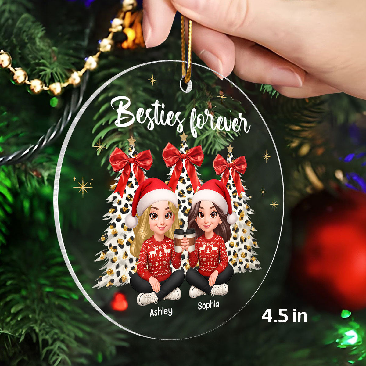 Besties Forever Leopard Coquette Christmas Tree - Personalized Acrylic Ornament
