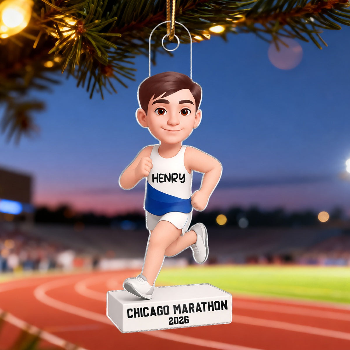3D Effect Christmas Boy Girl Running - Personalized Acrylic Ornament - Gift For Runners, Running Lovers, Marathon Finishers, Grandson, Granddaughter