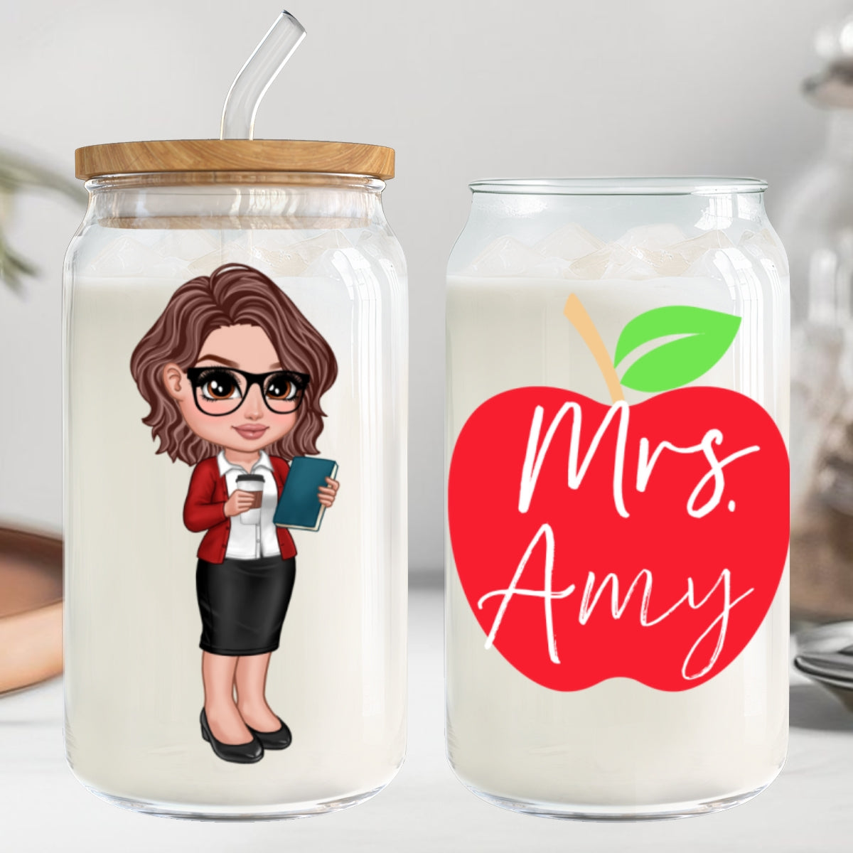Y2K Style Teacher Apple Personalized Clear Glass Can, Gift For Teacher, Appreciation Gift