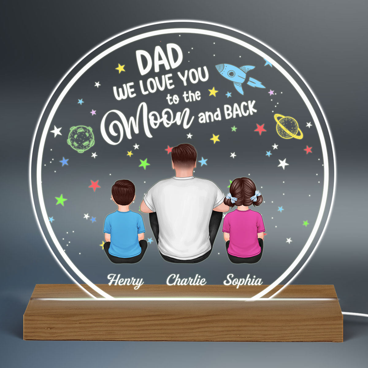 Dad I Love You To The Moon And Back Back View Man Sitting With Kids Dogs Cats Personalized Custom Shape Acrylic Plaque Warm LED Night Light