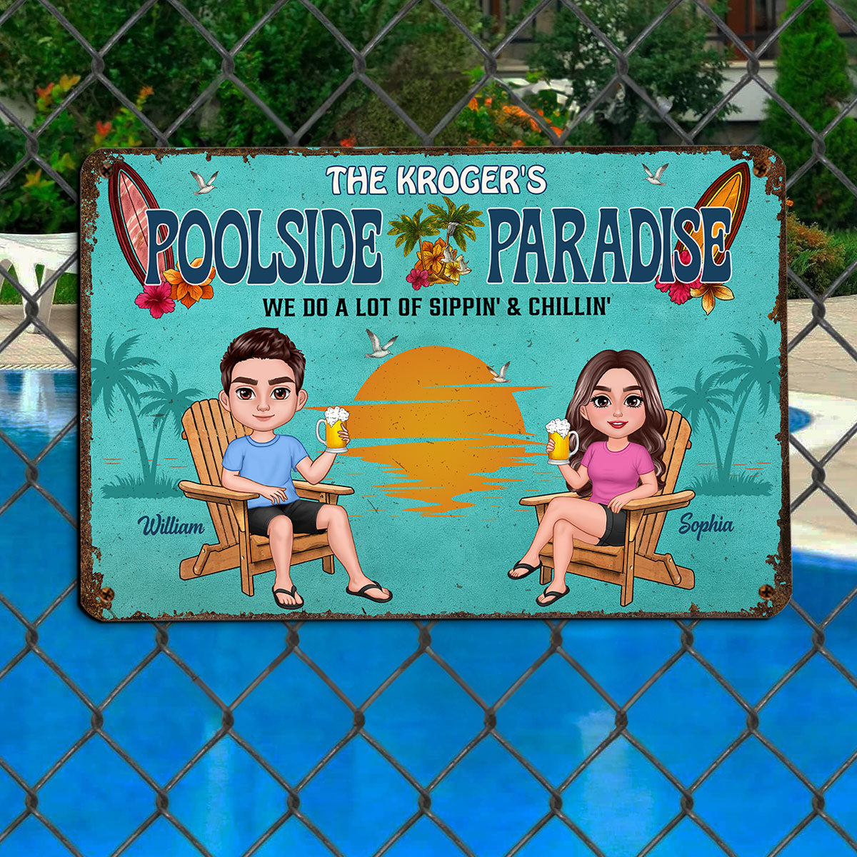 Summer Family Couple Poolside Paradise Grilling And Chilling Personalized Metal Sign
