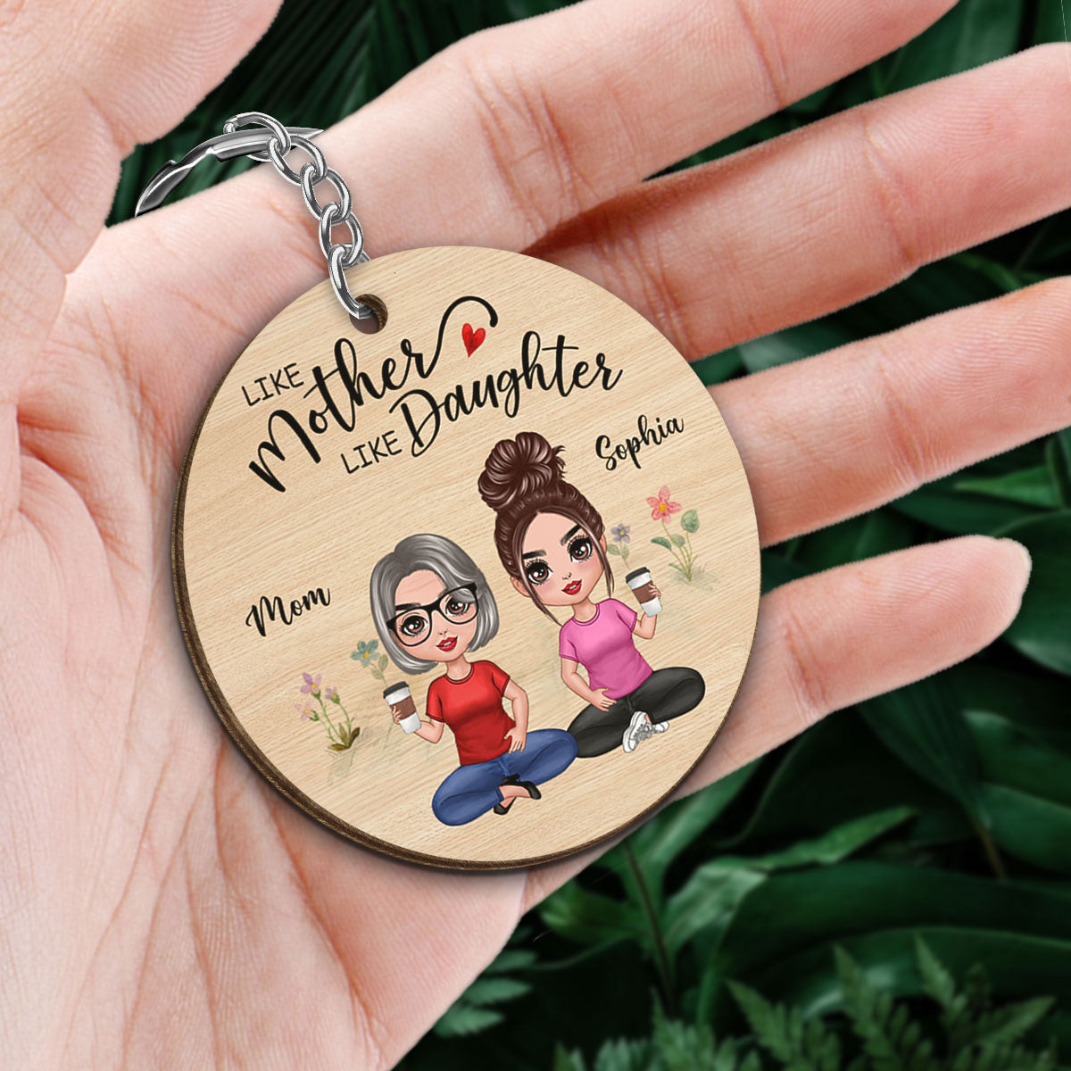Doll Mother And Daughters Sitting Personalized Wooden Keychain