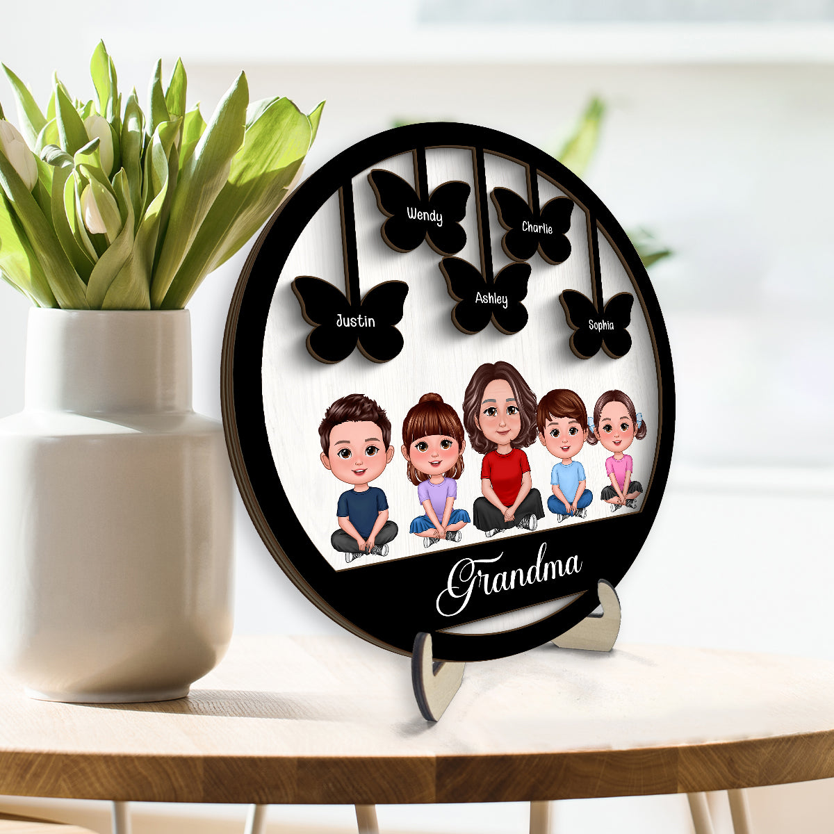 Grandma Grandkids Crossed Legs Butterflies Personalized 2-layer Wooden Plaque