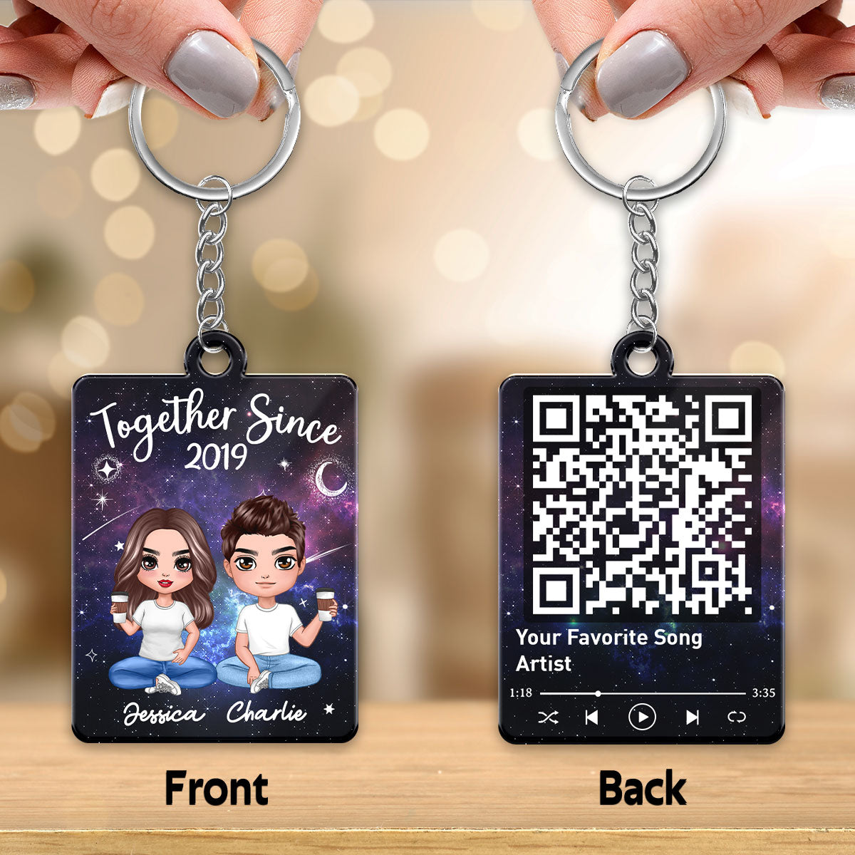 Doll Couple Sitting Galaxy Night Favorite Song Scannable QR Code Personalized Acrylic Keychain