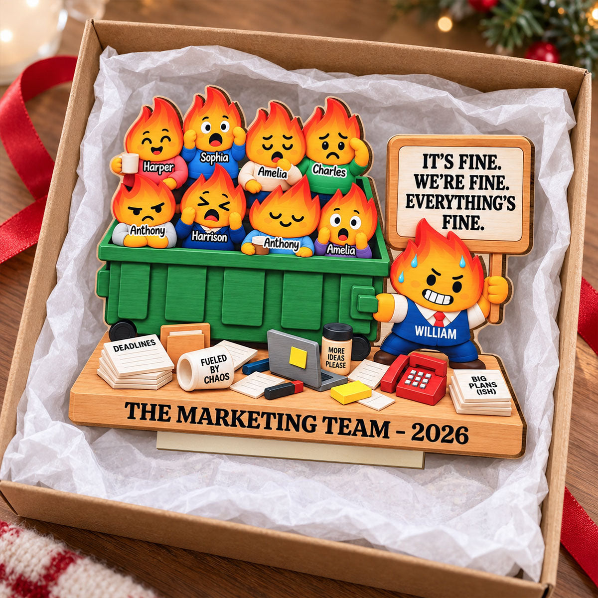 Dumpster Fire Team 2D Flat - Personalized Wooden Plaque – It's Fine We're Fine Everything's Fine, Funny Coworker Gift 2026