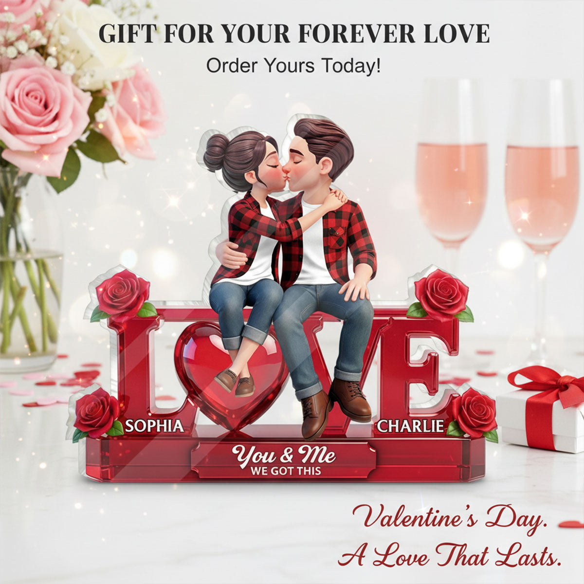 Roses LOVE Couple Sitting Kissing - Personalized Acrylic Block Plaque - Valentine's Day Gift For Couple, For Him, For Her