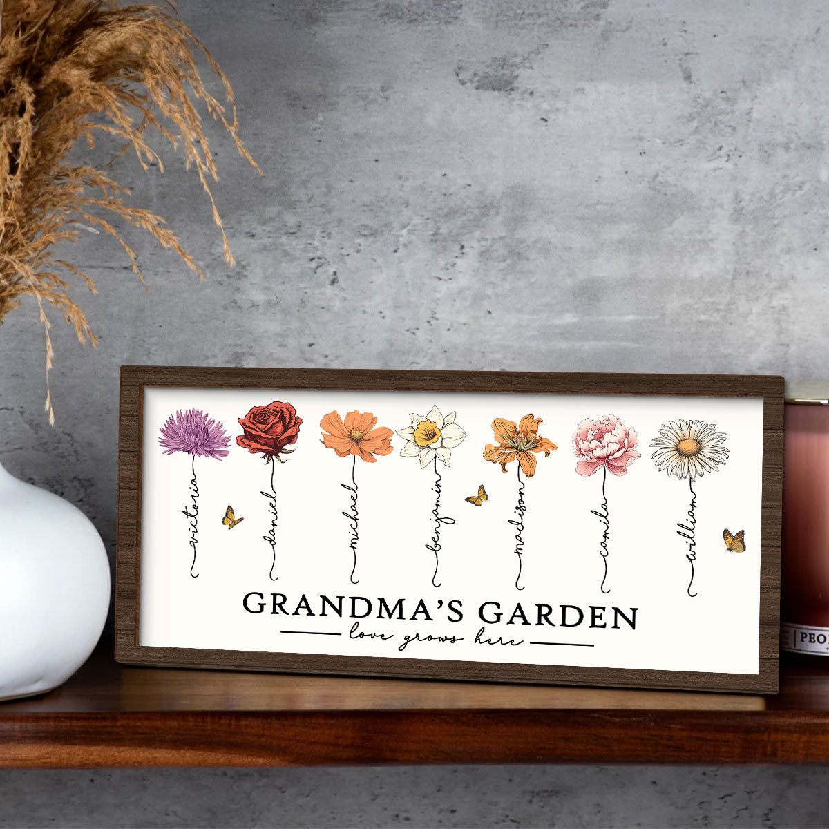 Love Grows Here Grandma's Garden Birth Month Flowers 2-Layer Wooden Plaque, Gift for Grandma, for Mom