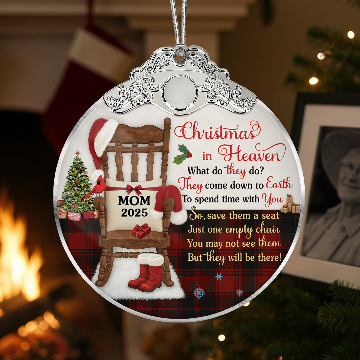 Christmas In Heaven Checkered Theme - Personalized Glass Ornament With Silver Cap - Christmas Memorial Keepsake For Family