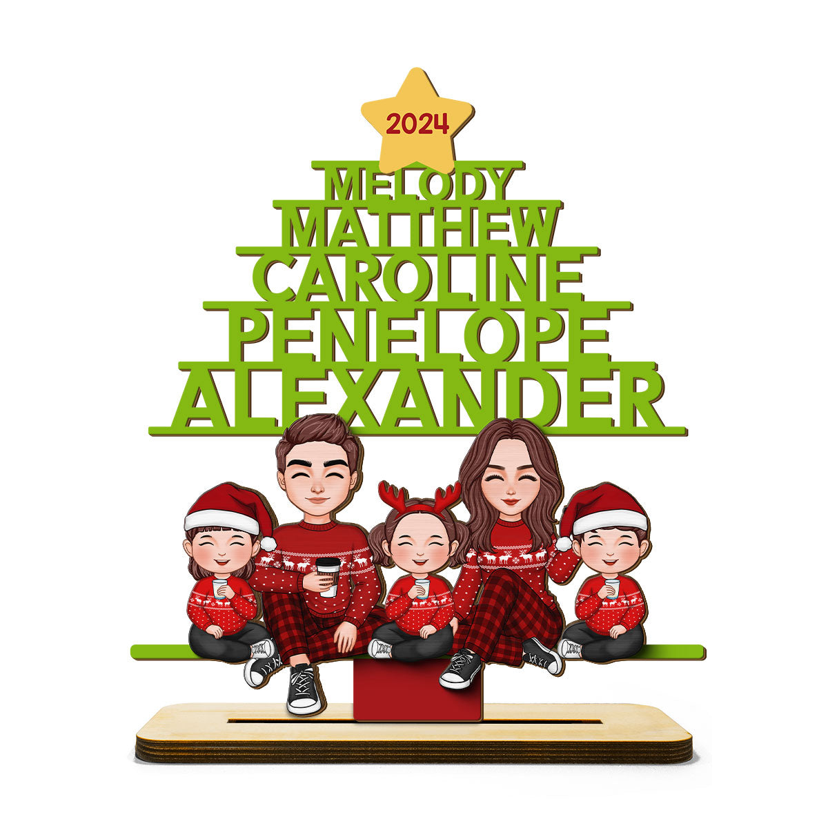 Family Names Christmas Tree Personalized 2-Layer Standing Wooden Plaque