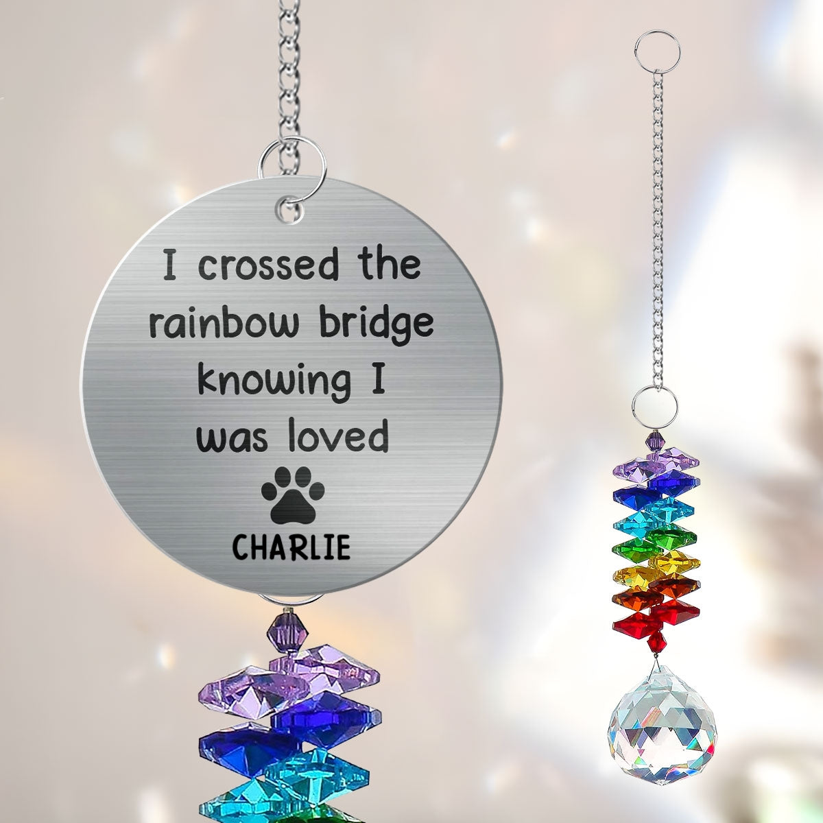 Pet Dog Cat Memorial Crossed The Rainbow Bridge Personalized Crystal Suncatcher With Aluminum Charm