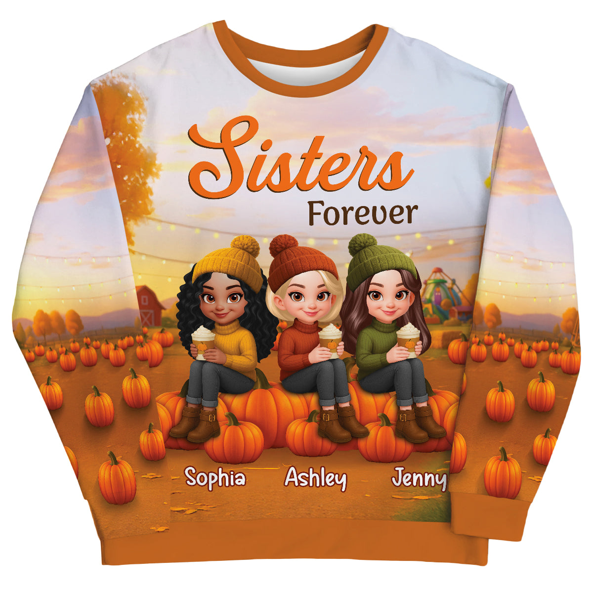 Fall Season Besties Sitting On Pumpkins Personalized 3D Sweatshirt