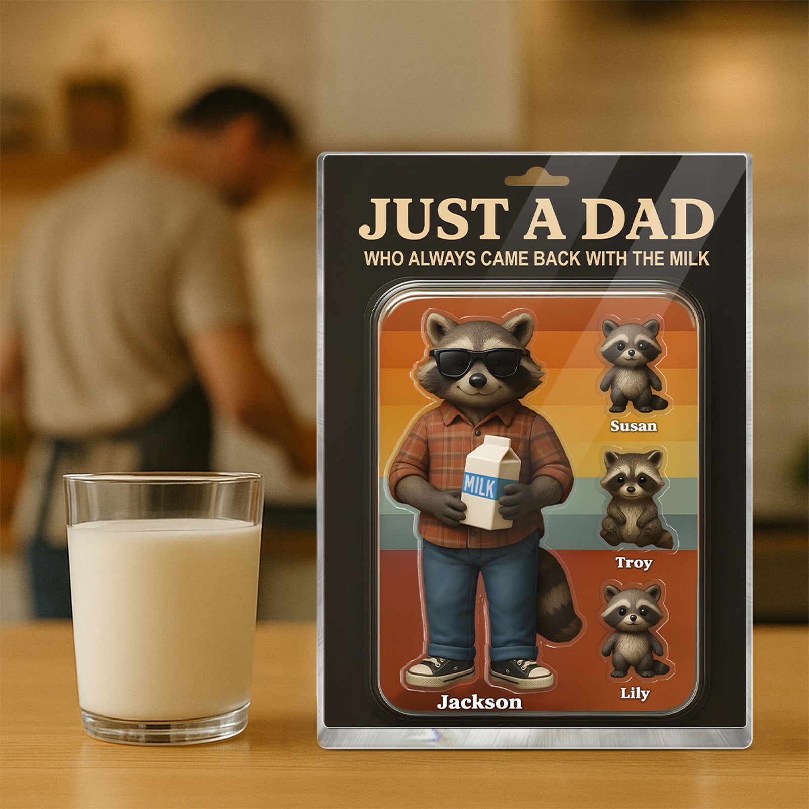Just A Dad Always Came With Milk Funny Raccoon Dad Figure Personalized Acrylic Block