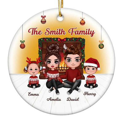 Family Sitting By The Fireplace Personalized Circle Ornament