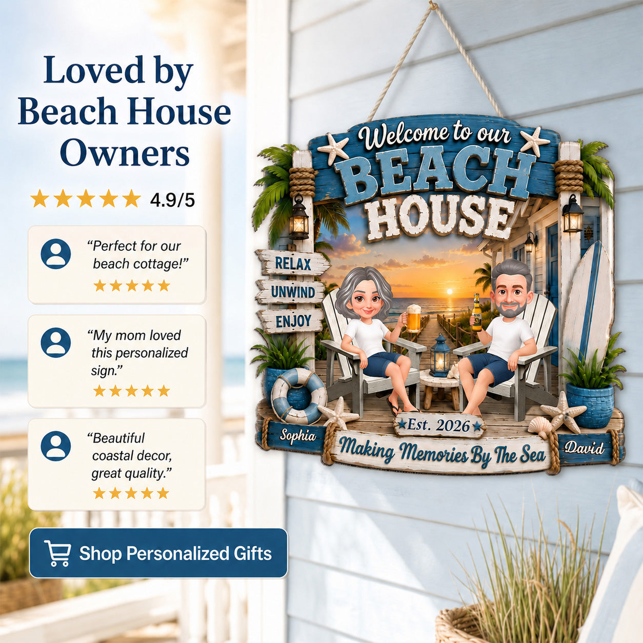 Welcome To Our Beach House - Personalized Wood Sign - Gift For Couple, Summer Decoration