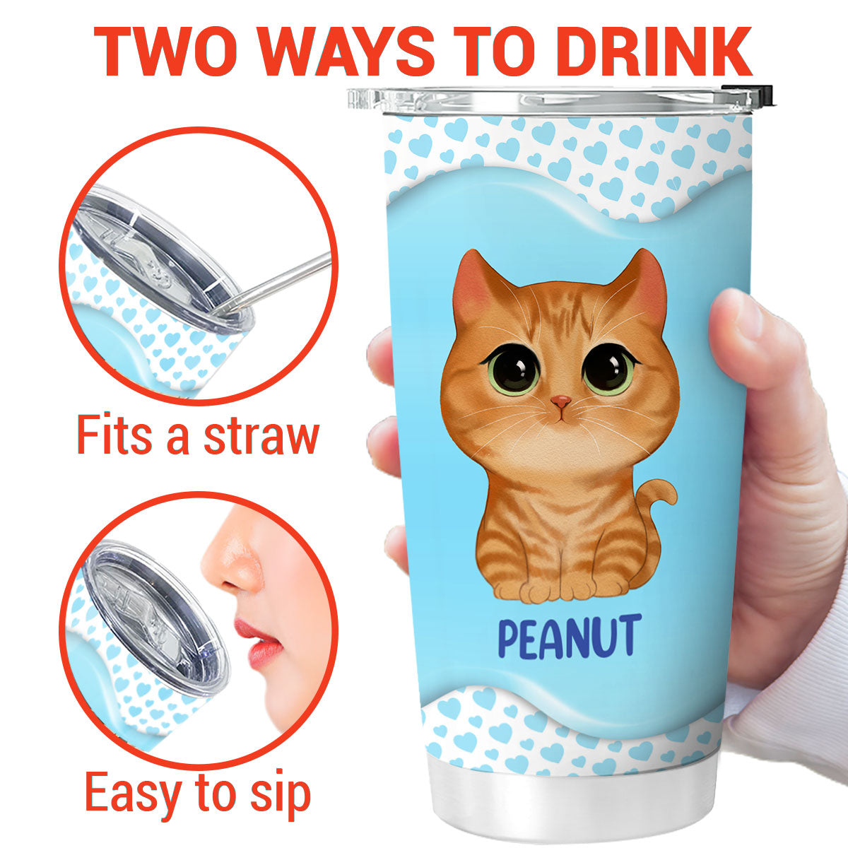 Blue Hearts Pattern Watercolor Cute Cats Gift For Cat Mom Personalized Tumbler