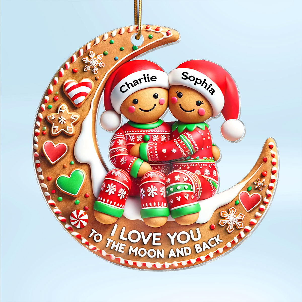 3D Effect Gingerbread Couple I Love You To The Moon And Back Personalized Acrylic Ornament, Christmas Gift For Him, For Her