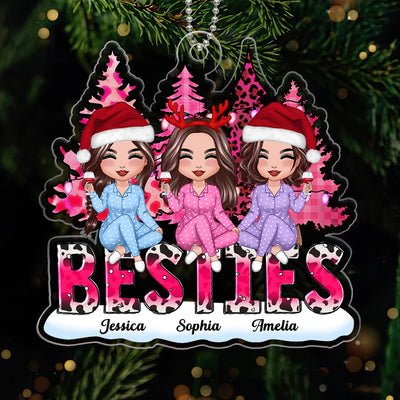 Pink Leopard Christmas Trees Besties Sisters Personalized Acrylic Ornament