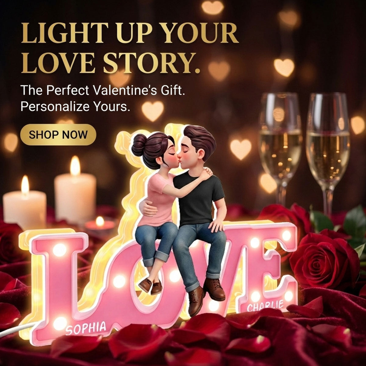 Everlasting LOVE Couple Sitting Kissing - Personalized Light Box - Valentine's Day Gift For Couple, For Him, For Her