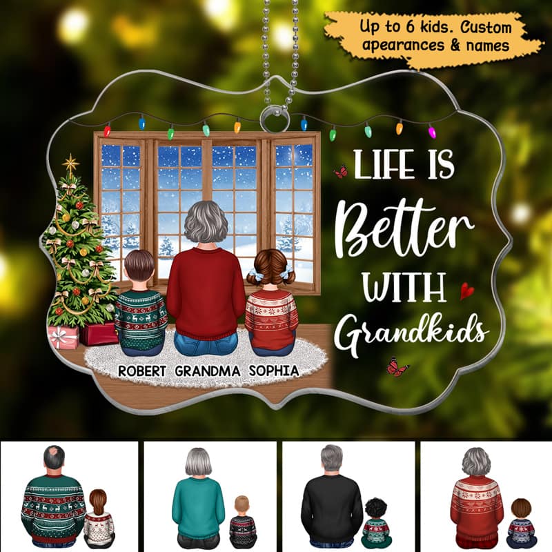 Sitting By Window Grandma Grandpa Grandkids Personalized Acrylic Ornament