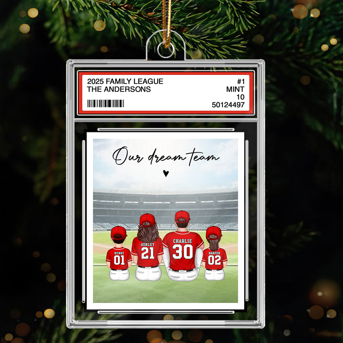 Baseball Family Sitting Couple & Kids Trading Card Style - Personalized Acrylic Ornament - Christmas Decor For Baseball Lovers