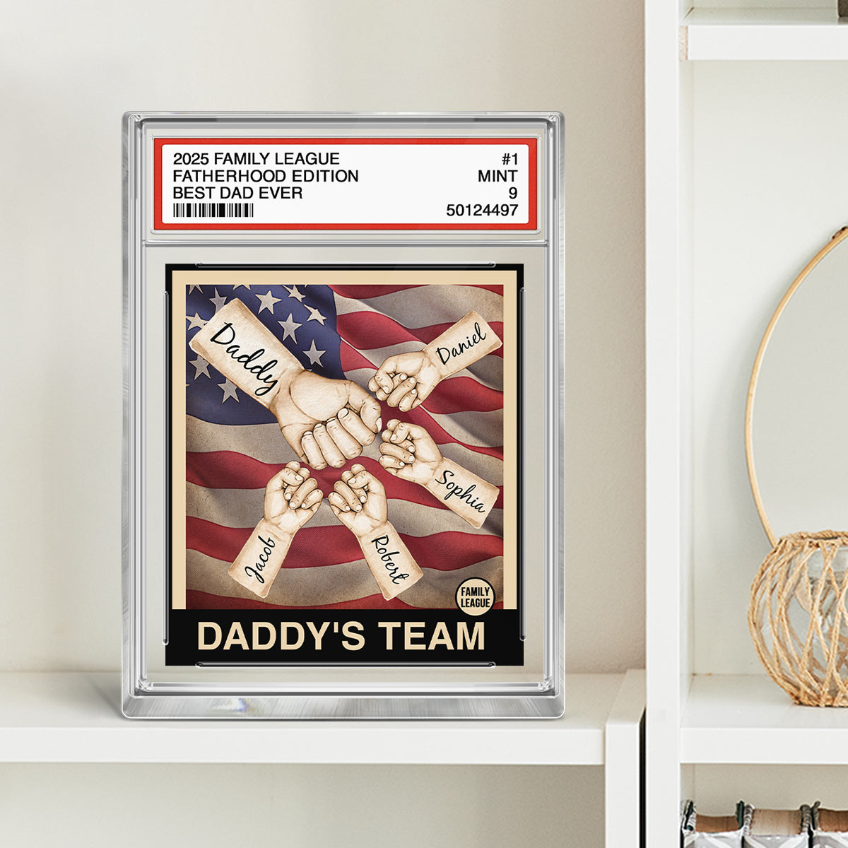 Daddy's Team Dad & Kids Fist Bumps Trading Card Style Personalized Acrylic Block Plaque
