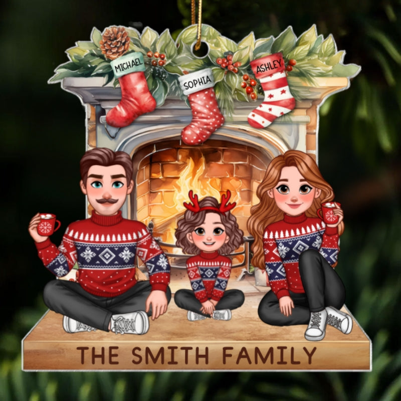 Animated Family Sitting At Christmas Fireplace Personalized Acrylic Ornament