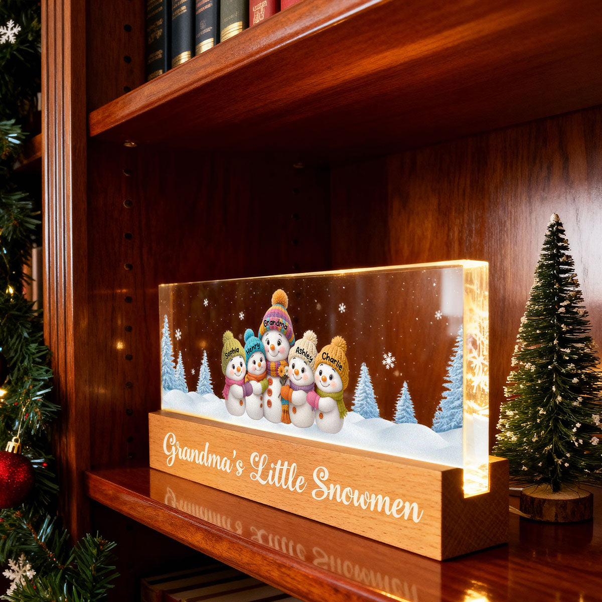 Grandma Snow Angels Snowman - Personalized Block LED Night Light - Christmas Gift for Grandmas