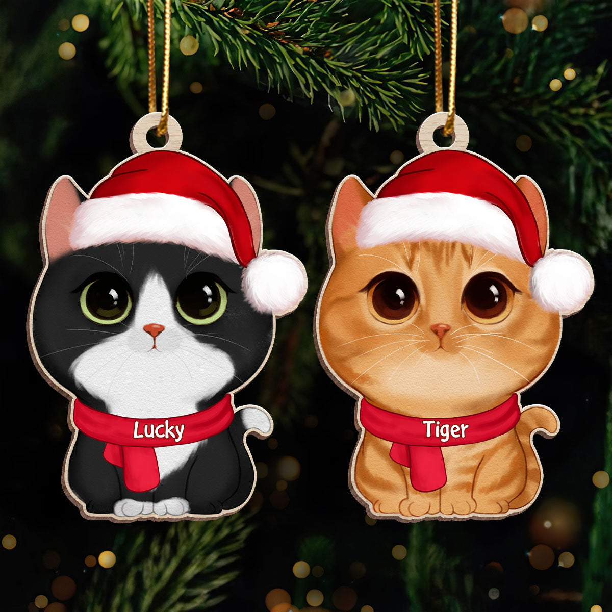 Watercolor Cute Cats Christmas Hat Personalized Wooden Ornament