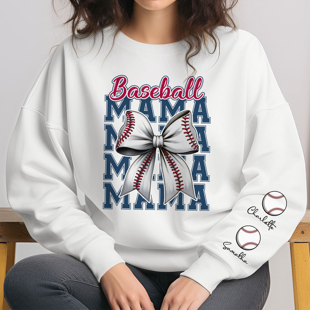Retro Baseball Mom Coquette Bow Personalized Sleeve Printed Sweatshirt, Proud Baseball Mom Game Day Shirt, Gift For Baseball Mom
