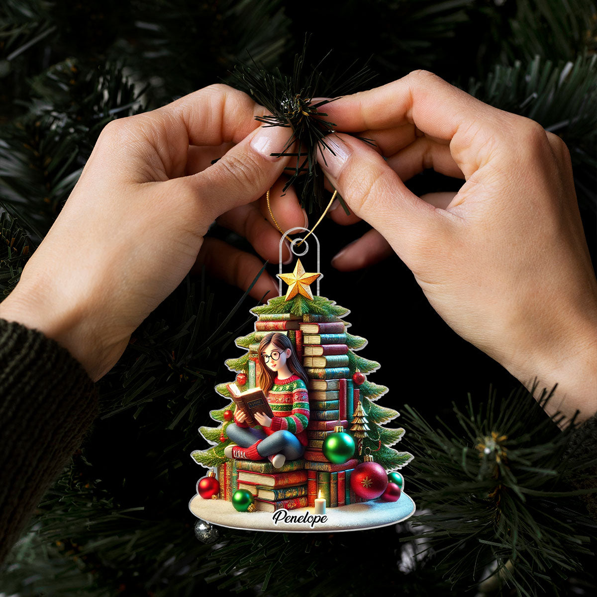 Book Christmas Tree Girl Sitting Acrylic Ornament, Personalized Book Christmas Tree Ornament, Christmas Gift For Book Lovers