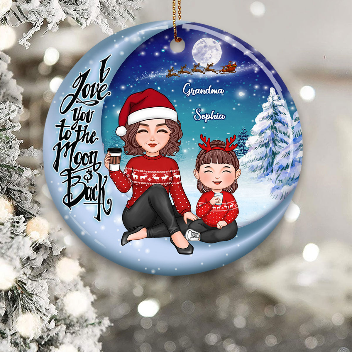 Cute Grandma Grandkid Christmas Moon Night Personalized Circle Ornament