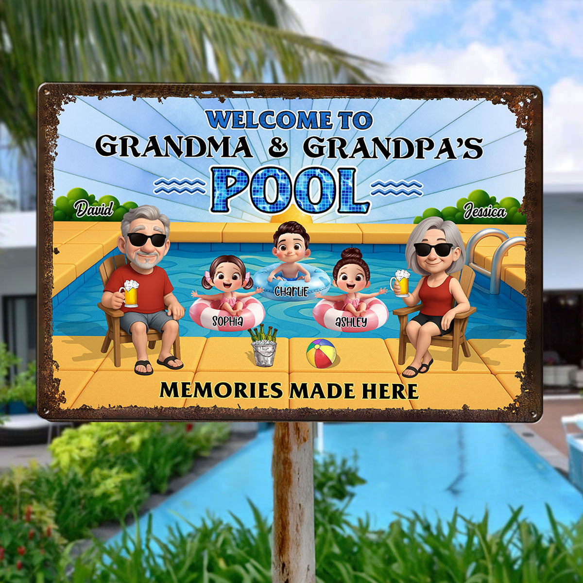 Grandparents Sitting with Grandkids Personalized Metal Sign, Grandparents Hosting Grandkids Summer Swimming Pool Sign