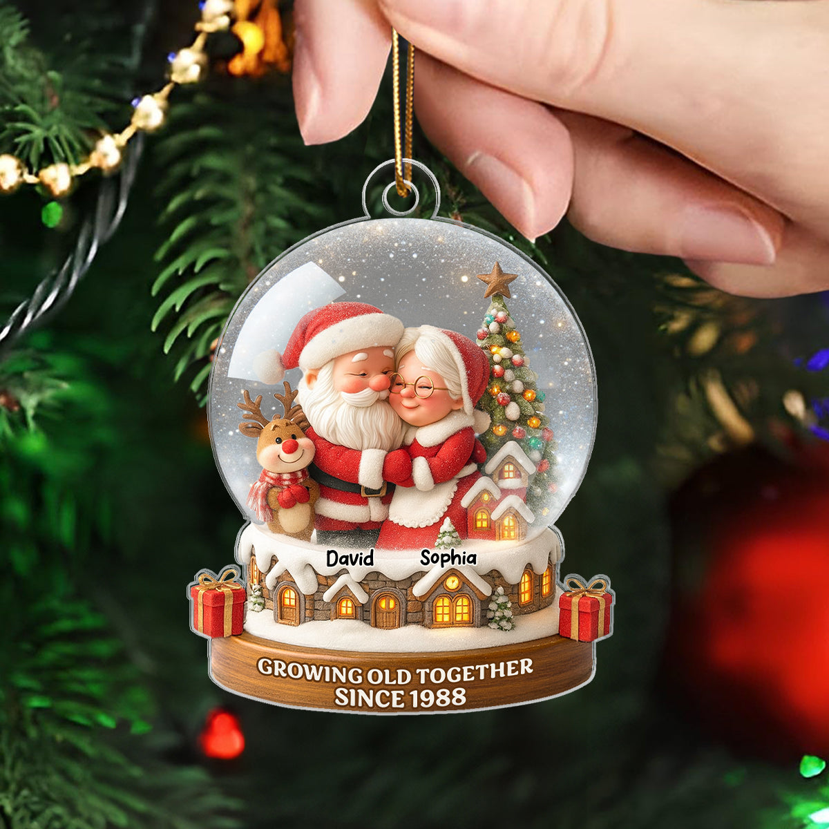 Snow Globe Santa Couple Growing Old Together Personalized Acrylic Ornament, 3D Effect, Christmas Gift for him, Gift for her