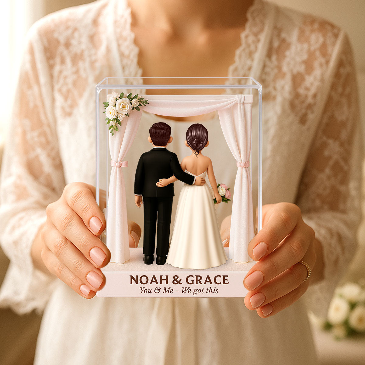 Bride & Groom Couple Figures Style Beach Wedding Theme Personalized Acrylic Flat Block Plaque, Wedding Gift, Newlyweds Gift