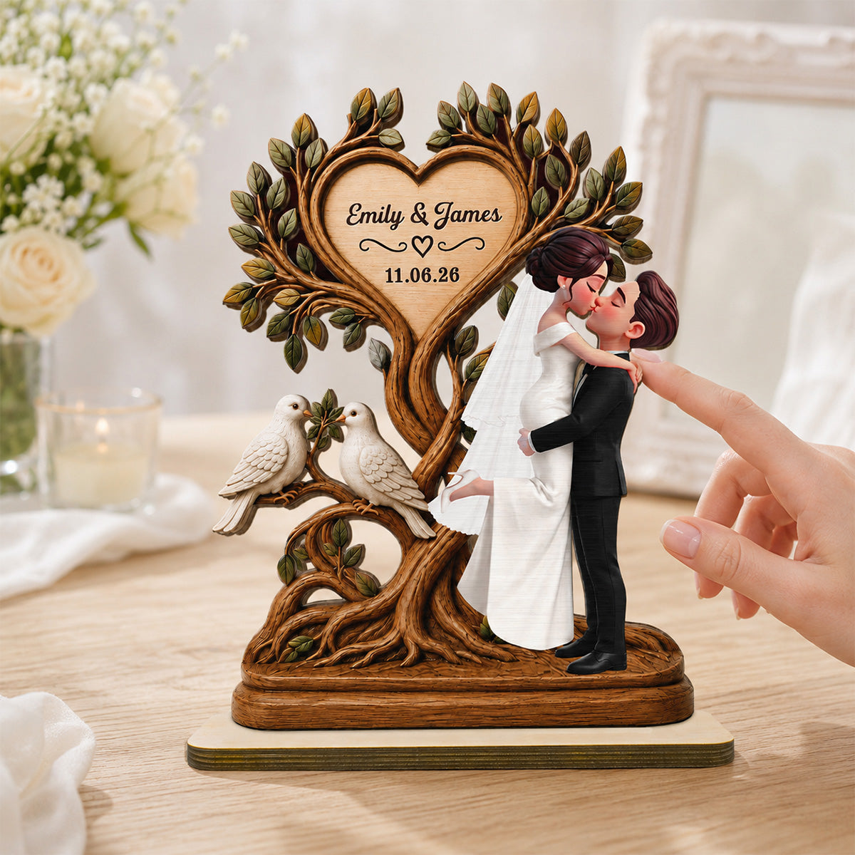 Wedding Couple Tree Of Life With Doves - Personalized 2-Layered Wooden Plaque - Wedding Keepsake, Anniversary Gift For Couples