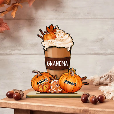 Grandma Mom Pumpkin Spice Latte Personalized 2-Layer Standing Wooden Plaque, Fall Season Gift For Grandma