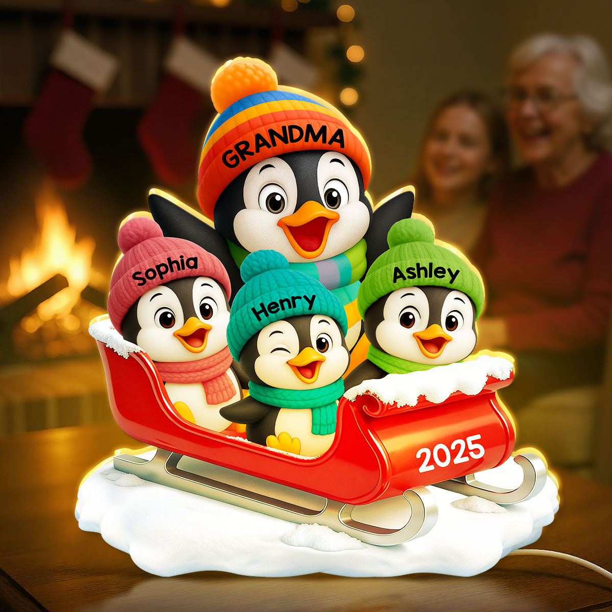 3D Effect Cute Grandma Grandkids Penguin On Sleigh - Personalized Light Box