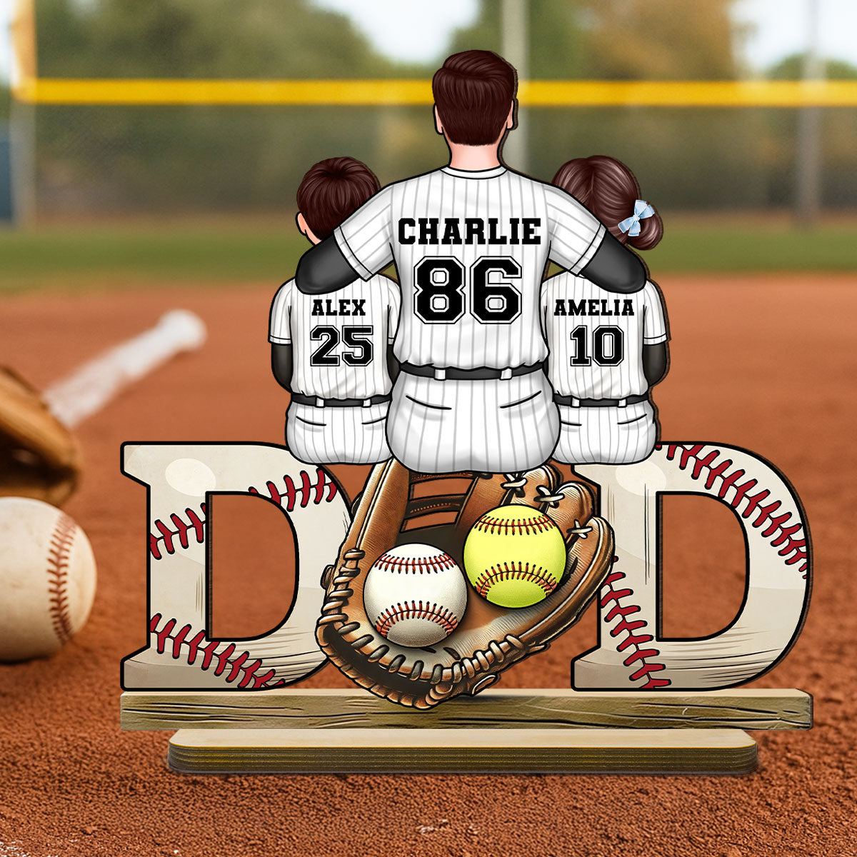 Baseball Softball Dad & Kids Glove Personalized 2-Layer Standing Wooden Plaque,  Gift for Dad, Gift for Husband
