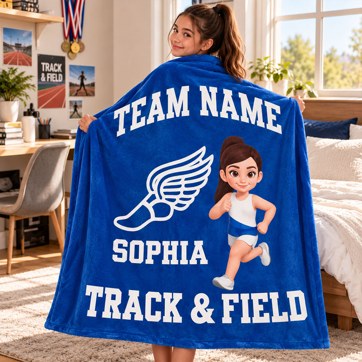 Track & Field Boy Girl Custom Name And Team Name - Personalized Fleece Blanket - Christmas Gift For Grandson, Son, Granddaughter, Daughter