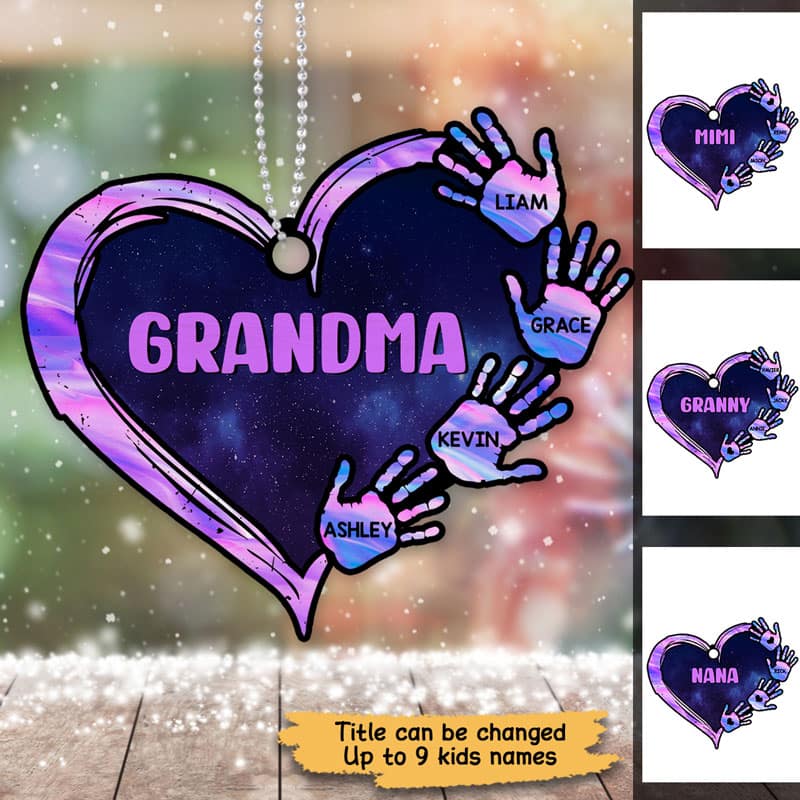 Grandma Mom Heart Handprint Purple Galaxy Personalized Acrylic Ornament