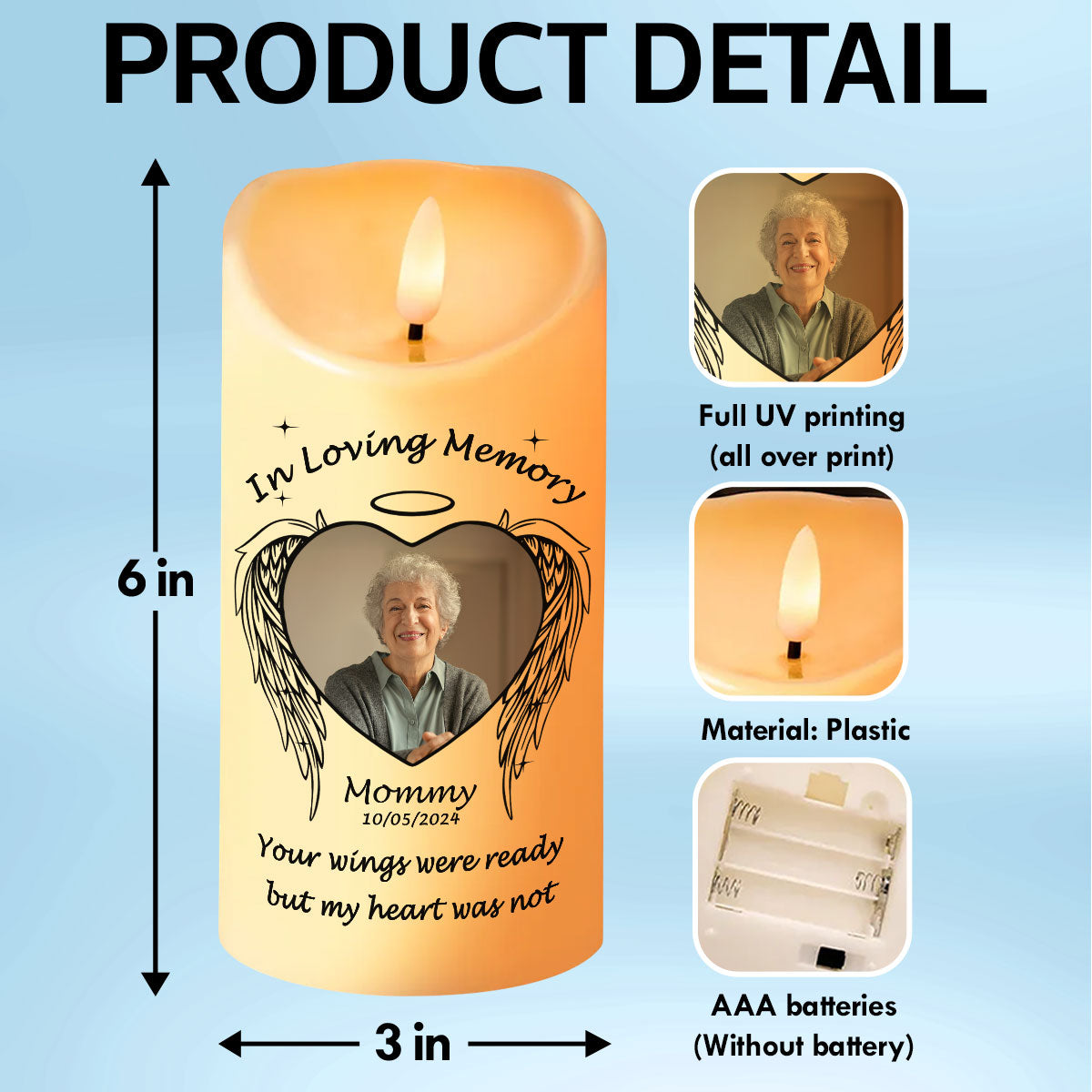 Memorial Angel Wings Personalized LED Candle, Custom Photo Sympathy Gift