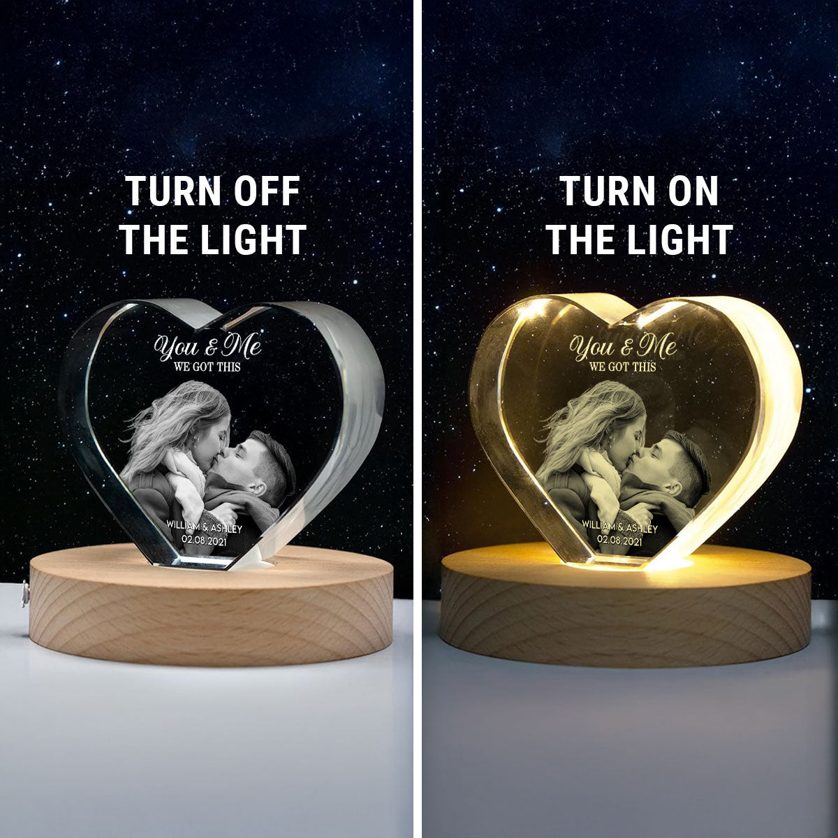 Couple 3D Upload Photo Premium Crystal Heart LED, Personalized Heart Crystal With LED Base Optional, Perfect Valentine's Gift For Couple, For Him, For Her, Free Delivery