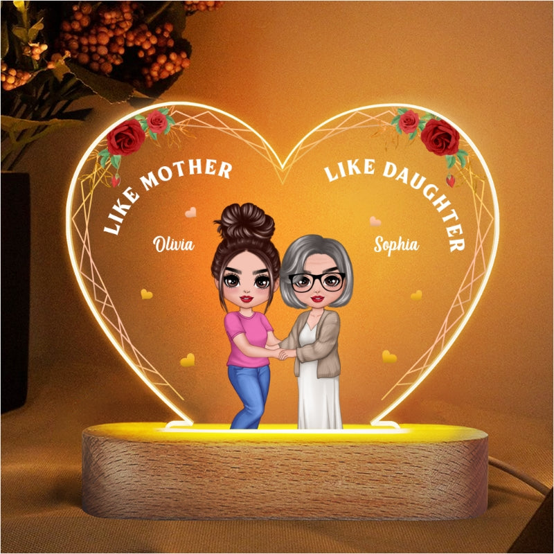 Roses Doll Mother Daughter Hugging Like Mother Like Daughter Personalized Heart Acrylic Plaque LED Night Light