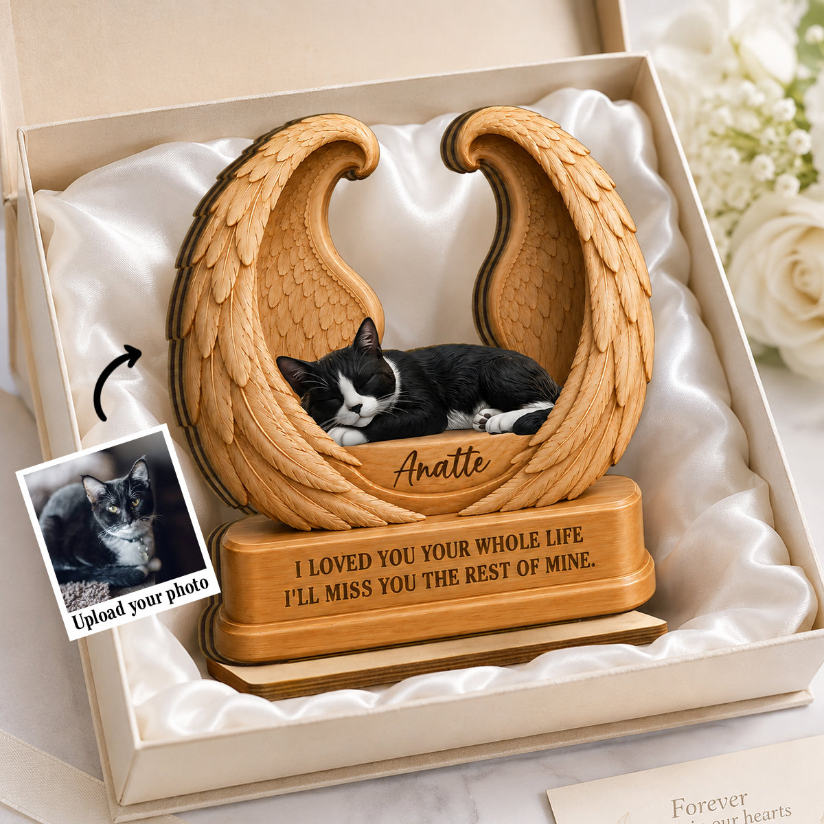 Pet Memorial Custom Photo - Personalized 2-Layered Wooden Plaque - Dog Cat Angel Wing Keepsake, Pet Loss Sympathy Gift